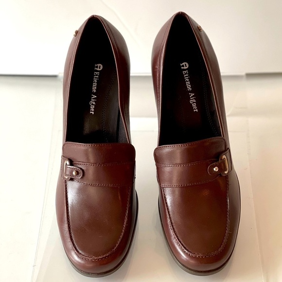 Etienne Aigner Brown Leather Platform Pumps Heels Chunky Block Heels E-Tartan, 8 - Picture 4 of 11